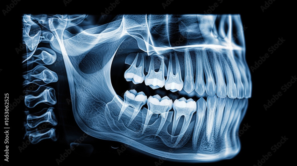 X ray image showing impacted wisdom teeth pressing against adjacent ...