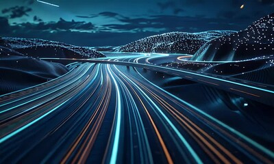 Wall Mural - digital technology background with light trails on road, data transfer and connection concept