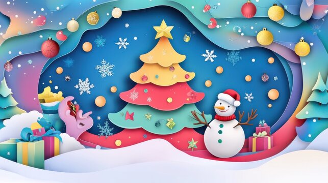 Vector illustration of a Christmas greeting card poster with a vibrant Christmas tree,