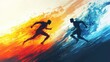 © INsprThDesign - Dynamic illustration of two runners racing through waves of orange and blue, symbolizing competition and duality, on a vibrant abstract background.