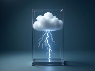 studio shot photo of isolated lightning storm cloud in a clear glass box in empty studio