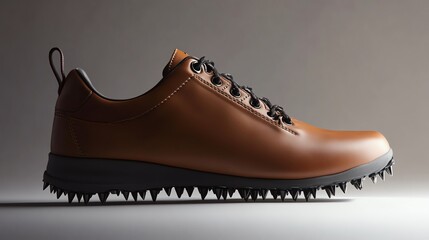 Stylish brown leather shoe with spiked sole, perfect for outdoor activities and a sporty look, showcasing modern design and durability.