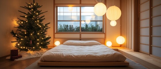Aufkleber - Minimalist Japanese Bedroom With Christmas Tree and Warm Lights - Ideal for Christmas and New Year Holidays
