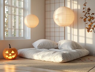 Aufkleber - Minimalist Japanese Bedroom Decor with Festive Halloween and Thanksgiving Touches