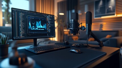 Poster - A modern home office workspace with a computer, keyboard, mouse, microphone, and plant.
