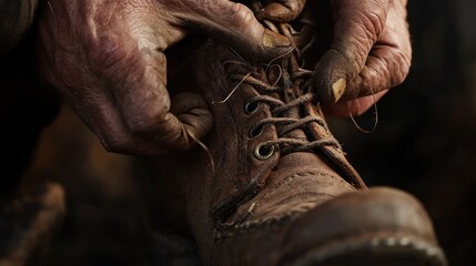 Close-Up of Hands Tying Old Work Boot Laces