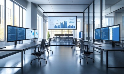 Aufkleber - A modern office interior with multiple computer workstations, each equipped with a large monitor displaying data and graphs. 