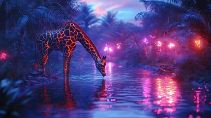 Poster - A giraffe drinks from a glowing river in a tropical jungle.