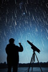 Poster - Stargazing Silhouette Astronomer Observes Meteor Shower with Advanced Telescope at Night