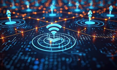 Poster - 3D render of a blue connection symbol on a digital background, a technology concept with a wireless network icon in the style of a futuristic style.
