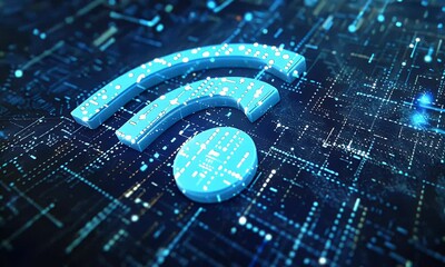 Poster - 3D render of a blue connection symbol on a digital background, a technology concept with a wireless network icon in the style of a futuristic style.
