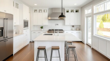 Wall Mural - A sleek, modern kitchen featuring white cabinetry, stainless steel appliances, a spacious island, and ample natural light from large windows.