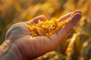 Wheat grains in the hands of a farmer on a wheat field