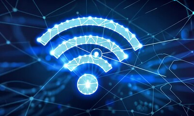Poster - 3D render of a blue connection symbol on a digital background, a technology concept with a wireless network icon in the style of a futuristic style.
