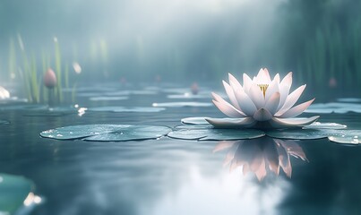 Poster - A single white water lily blooms in a serene pond surrounded by lily pads and reeds. The morning sun creates a mystical glow through the mist.