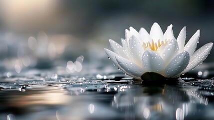Aufkleber - A single white water lily with dew drops, floating on a still pond.