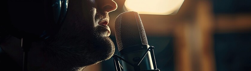 Closeup of a vocalists powerful rendition, captured with unparalleled clarity by a premium studio microphone  ,close-up