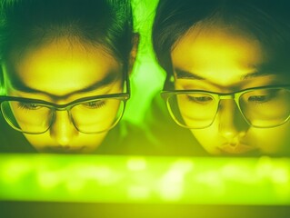 Aufkleber - Young Asian Scientists Analyzing Data in High-Tech Laboratory, Focusing on Space Exploration and Teamwork
