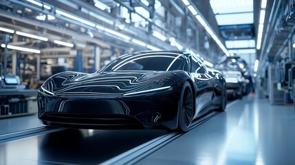 Fototapete - A sleek black electric car moves along an assembly line in a modern factory.