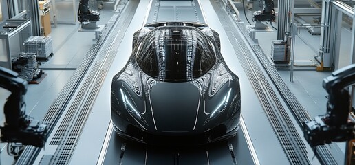 Aufkleber - A sleek black sports car moves down an assembly line in a futuristic factory setting.