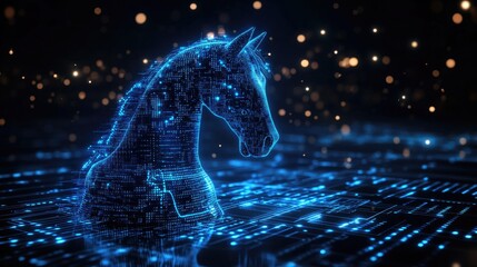 A digital horse head, formed from glowing blue lines and data, stands on a circuit board with a dark background.