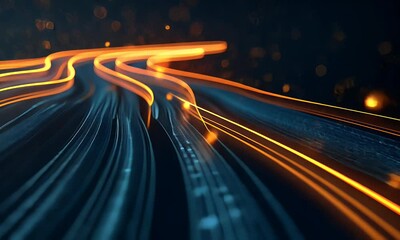 Poster - digital technology background with light trails on road, data transfer and connection concept