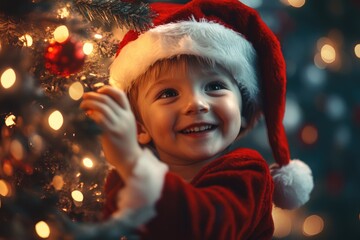 Christmas tree  Portrait of happy boy in Santa cap decorating Christmas tree  Christmas tree