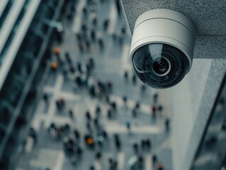 A surveillance camera monitors a busy urban area, capturing the movement of crowds from an elevated perspective.