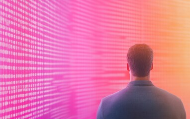 Aufkleber - Man in Tech Studio Analyzing Digital Data on Large Screen - AI and Predictive Analytics in Action