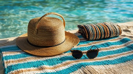 A straw hat, sunglasses, and beach towel lie on the sand next to a sparkling blue pool.