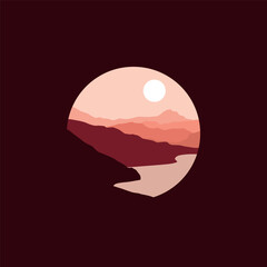 Landscape mountains illustration in circle.