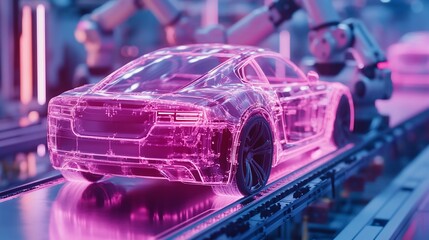 Poster - A transparent pink car moves along an assembly line in a futuristic factory. The car is being worked on by robotic arms, and the background is a blur of lights.