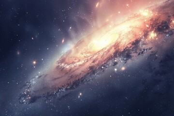 Wall Mural - Glowing spiral galaxy with bright center and dust formations in deep space