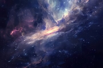 Wall Mural - Glowing spiral galaxy with bright center and colorful surrounding dust and gas formations in deep space.