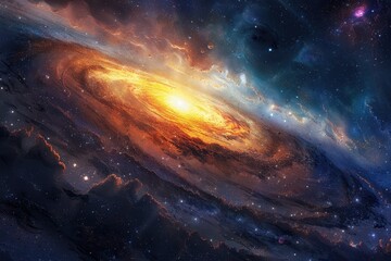 Wall Mural - Glowing spiral galaxy with bright center and dark dust lanes in deep space.
