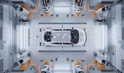 Poster - A white car is on an assembly line surrounded by robotic arms in a clean, modern factory.