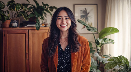 Wall Mural - Millennial Asian Plant Girl Woman Smiling in Her Apartment With Many Plants