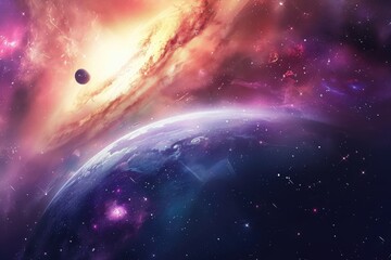 Wall Mural - Breathtaking view of a distant planet and a swirling nebula in deep space.