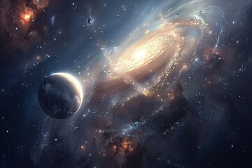 Wall Mural - earth-like exoplanet in a distant galaxy surrounded by a swirling spiral of stars and nebulas.