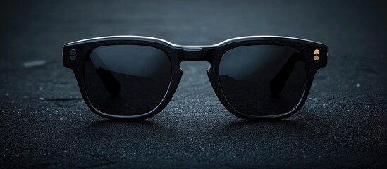 Black sunglasses with reflective lenses on a dark textured surface.