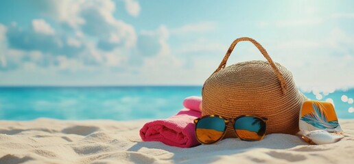 Beach essentials a straw hat, sunglasses, a pink towel, and flip-flops, on a pristine white sand beach.