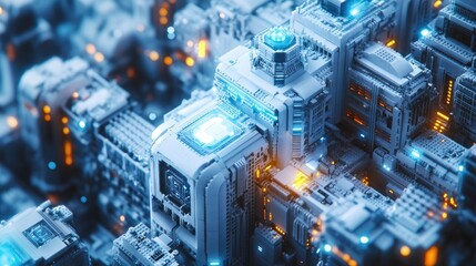 Futuristic city made of glowing white and orange structures with blue lights.