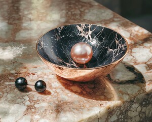 Rose gold-rimmed marble dish, Tahitian black pearl earrings, textured marble surface, soft focus photography