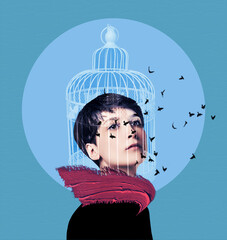 Neuroscience - Bird flying out of the cage on a woman's head in sky background - art collage