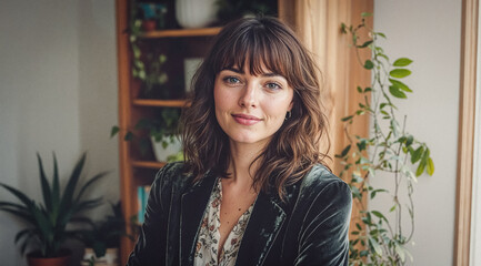 Wall Mural - Millennial Brunette Plant Girl Woman Smiling in Her Apartment With Many Plants