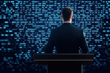 Poster - Businessman presenting data on a digital screen, focused and professional ambiance.