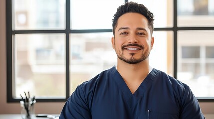 A smiling male healthcare professional wearing scrubs, sitting in an office environment with large windows, conveying a sense of approachability and care.