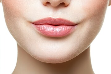 Close-up of a woman's lips and chin with a natural, fresh look on a white isolated background.