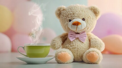 Wall Mural - A cheerful teddy bear with a bowtie sitting next to a teacup of warm green tea, the steam gently rising as the background features a soft pastel-colored room.