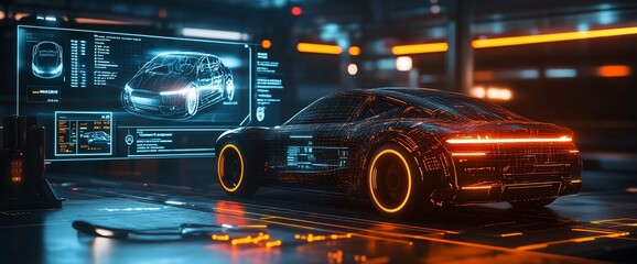 Poster - futuristic car with glowing wheels next to a futuristic screen.